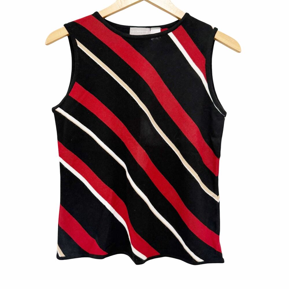 Vintage Liz Claiborne Black Red Striped Tank Top Sz PS